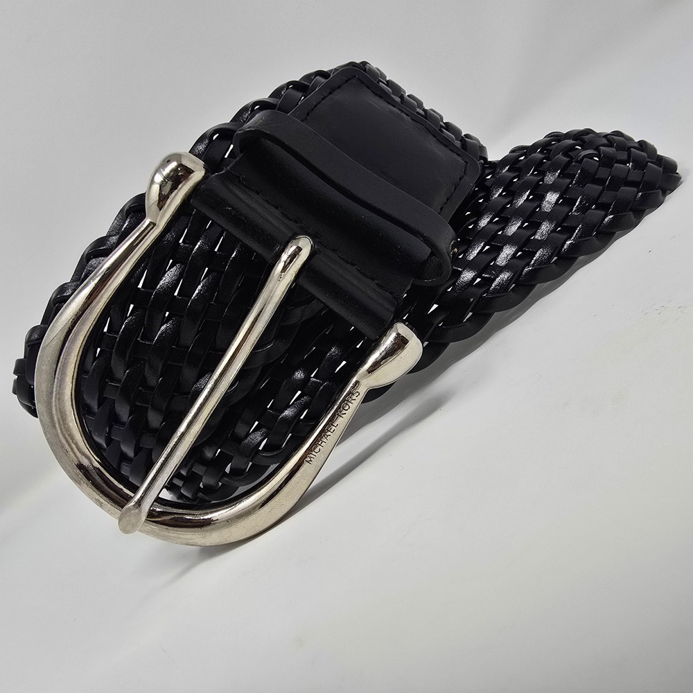 Michael Kors Black Woven Braided Leather Belt Silver Buckle 553633 Medium READ - Picture 4 of 14